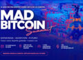 Banner promocional de MadBitcoin Summit 2026, con la ciudad de Madrid de fondo arriba a la derercha, en medio tono azul y naranja