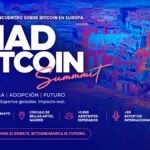 Banner promocional de MadBitcoin Summit 2026, con la ciudad de Madrid de fondo arriba a la derercha, en medio tono azul y naranja