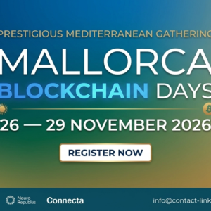 Banner minimalista de Mallorca Blockchain Days 2026 en tonos azul, verde y dorado.