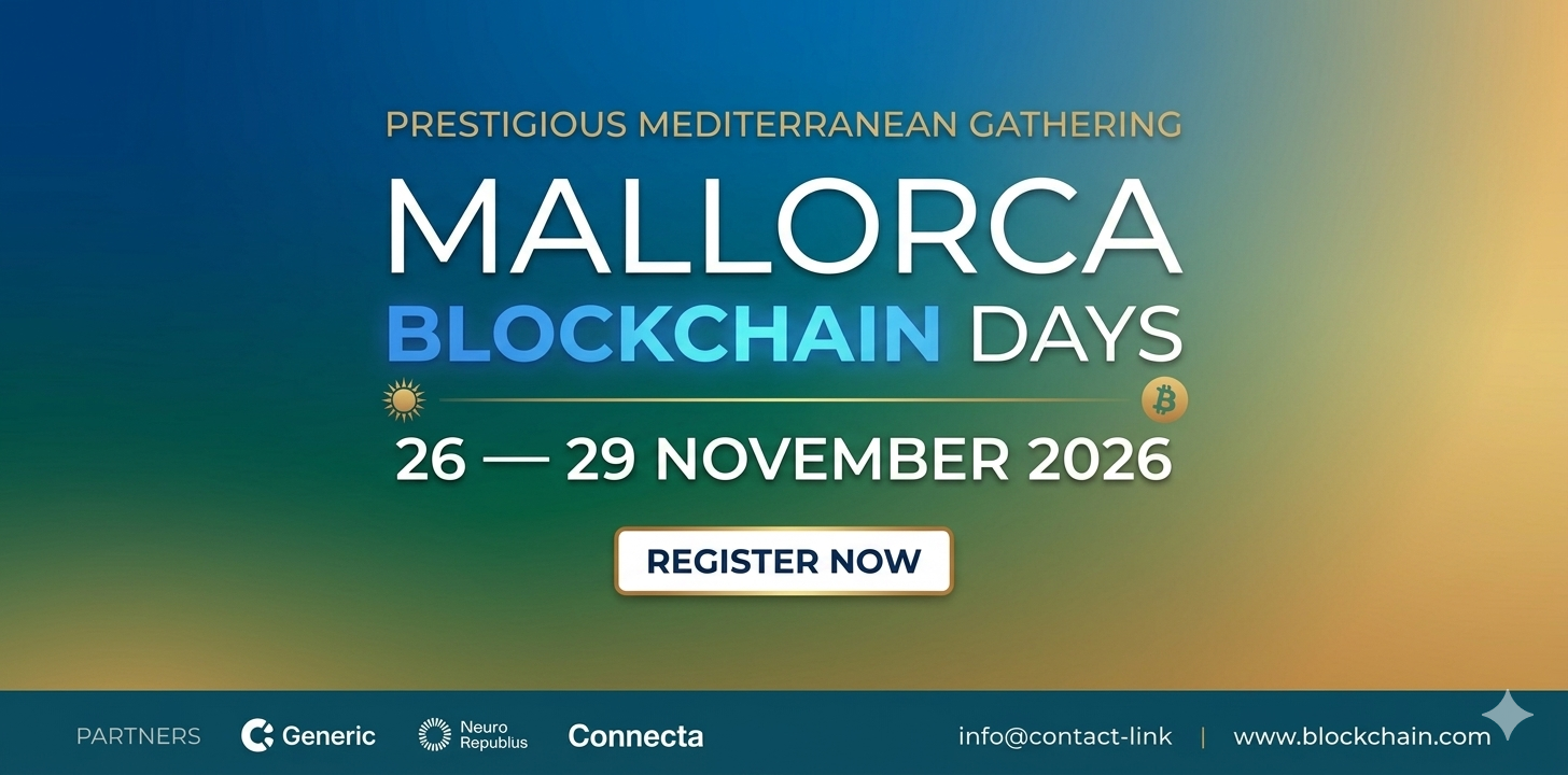 Banner minimalista de Mallorca Blockchain Days 2026 en tonos azul, verde y dorado.