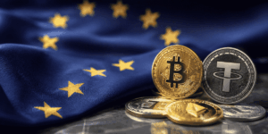 Bandera de la UE y activos digitales.