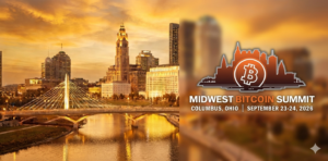 Banner de "Midwest Bitcoin Summit 2026" con el horizonte de Columbus, Ohio, en formato horizontal.