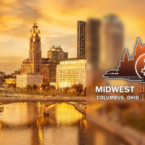 Banner de "Midwest Bitcoin Summit 2026" con el horizonte de Columbus, Ohio, en formato horizontal.