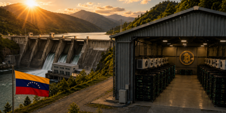 Un galpón de mineros ASIC de Bitcoin junto una represa hidroeléctrica en Venezuela.