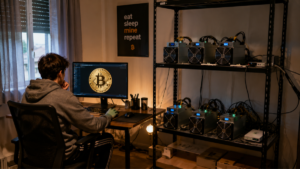 Una persona minando Bitcoin en una habitación.