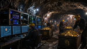 Mineros de Bitcoin operando en una cueva.