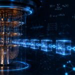 Una computadora cuántica junto a una cadena de bloques procesando transacciones.