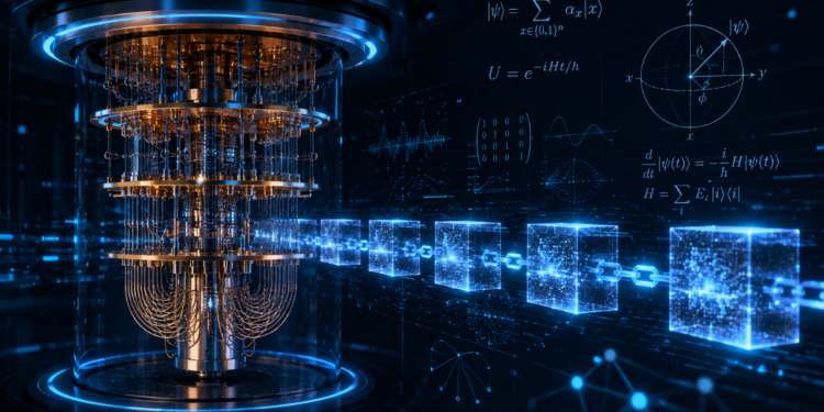 Una computadora cuántica junto a una cadena de bloques procesando transacciones.