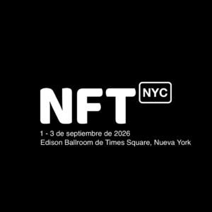 Banner minimalista del evento NFT.NYC 2026 en el Edison Ballroom de Nueva York.