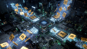 Chips y procesadores procesando bloques de Bitcoin.