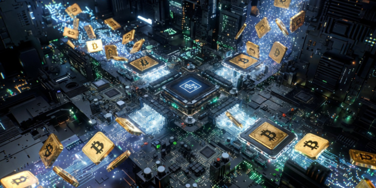 Chips y procesadores procesando bloques de Bitcoin.