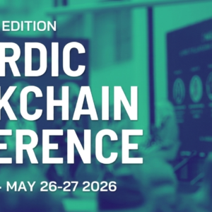 Banner de la **8th Nordic Blockchain Conference** en Estocolmo, mayo 2026, con código QR informativo.