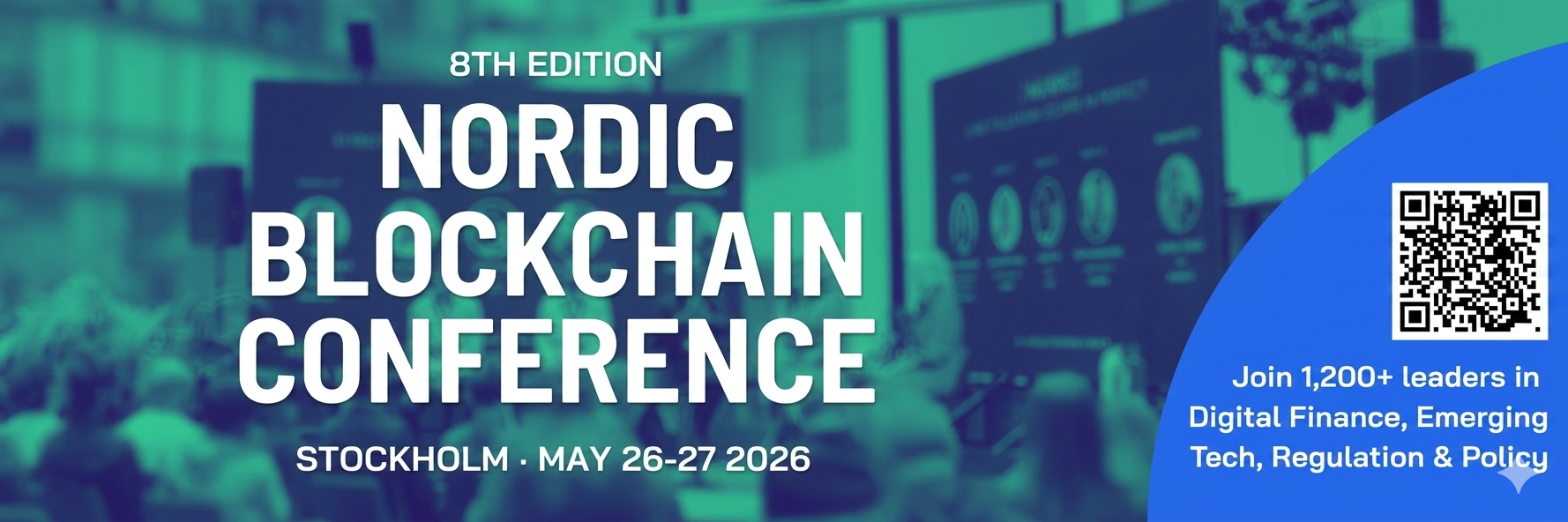 Banner de la **8th Nordic Blockchain Conference** en Estocolmo, mayo 2026, con código QR informativo.