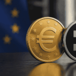 Bandera de la Unión Europea, junto con el logo de OKX y el euro.
