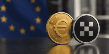 Bandera de la Unión Europea, junto con el logo de OKX y el euro.