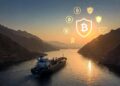 Un buque navega por el estrecho de Ormuz y hacia el horizonte se observa un logo de bitcoin