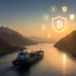 Un buque navega por el estrecho de Ormuz y hacia el horizonte se observa un logo de bitcoin