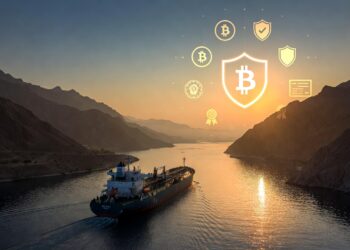 Un buque navega por el estrecho de Ormuz y hacia el horizonte se observa un logo de bitcoin