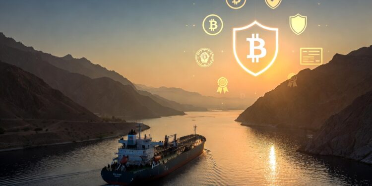 Un buque navega por el estrecho de Ormuz y hacia el horizonte se observa un logo de bitcoin