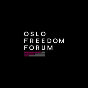 Logo oficial de Oslo Freedom Forum en letras blancas sobre un fondo completamente negro.