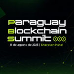 Portada del Paraguay Blockchain Summit con fondo oscuro y líneas geométricas verdes, estilo moderno y texto principal en gran formato.