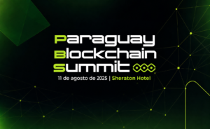 Portada del Paraguay Blockchain Summit con fondo oscuro y líneas geométricas verdes, estilo moderno y texto principal en gran formato.