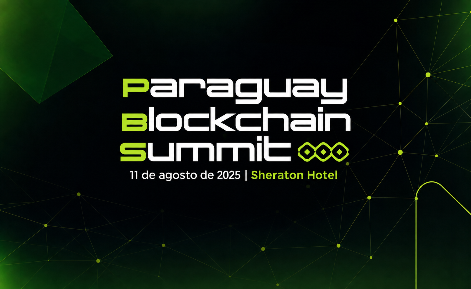 Portada del Paraguay Blockchain Summit con fondo oscuro y líneas geométricas verdes, estilo moderno y texto principal en gran formato.