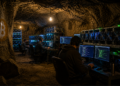 Mineros trabajando en una cueva con computadoras minando bitcoin.