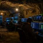 Mineros trabajando en una cueva con computadoras minando bitcoin.