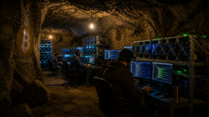 Mineros trabajando en una cueva con computadoras minando bitcoin.