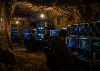Mineros trabajando en una cueva con computadoras minando bitcoin.