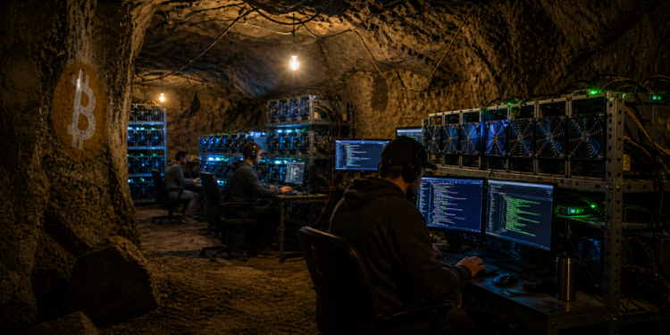 Mineros trabajando en una cueva con computadoras minando bitcoin.