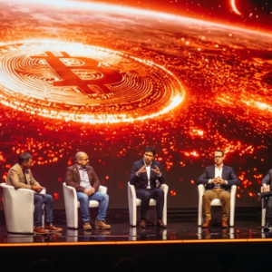 Panel de discusión sobre Bitcoin con cinco hombres en el escenario, frente a pantalla iluminada.