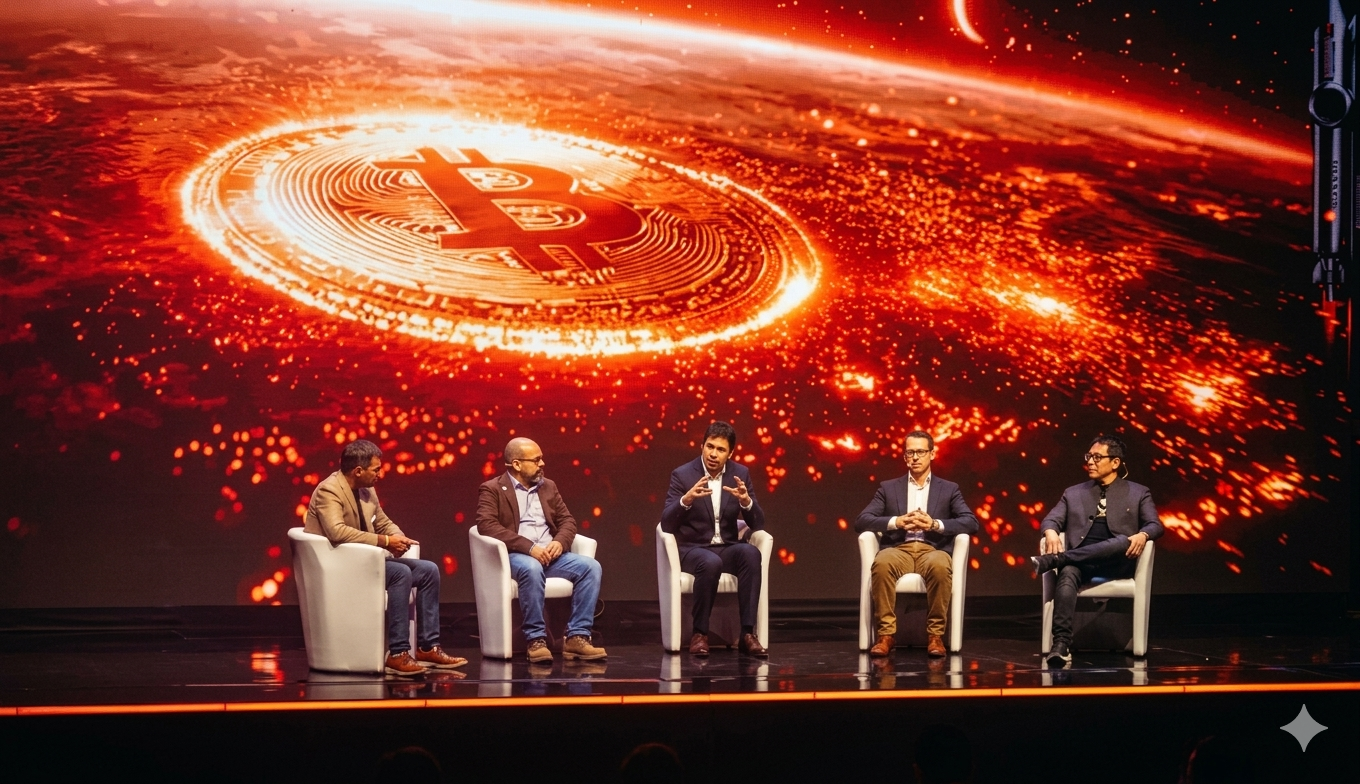 Panel de discusión sobre Bitcoin con cinco hombres en el escenario, frente a pantalla iluminada.