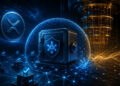 Ilustraciรณn de wallet criptogrรกfica protegida contra computaciรณn cuรกntica en red blockchain, con nodos y sistema de seguridad digital avanzado inspirado en XRP Ledger