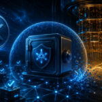 Ilustración de wallet criptográfica protegida contra computación cuántica en red blockchain, con nodos y sistema de seguridad digital avanzado inspirado en XRP Ledger