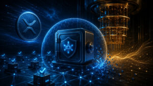 Ilustración de wallet criptográfica protegida contra computación cuántica en red blockchain, con nodos y sistema de seguridad digital avanzado inspirado en XRP Ledger