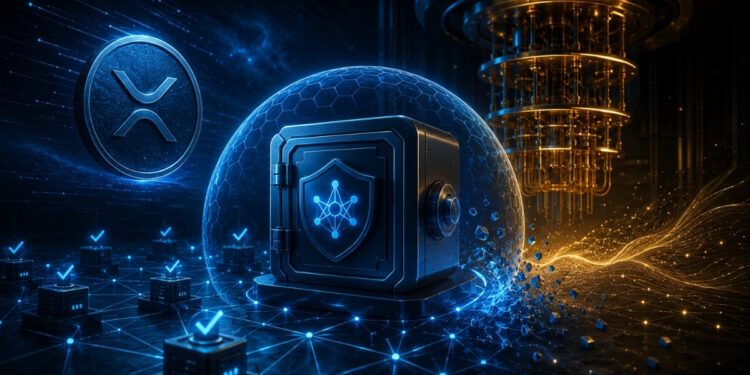 Ilustración de wallet criptográfica protegida contra computación cuántica en red blockchain, con nodos y sistema de seguridad digital avanzado inspirado en XRP Ledger