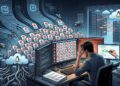 Una ilustración detallada de un desarrollador de Linux sentado en un escritorio multi-monitor, con la cabeza entre las manos en una pose de estrés y abrumación. Está asediado por una avalancha masiva e interminable de miles de informes de vulnerabilidades idénticos generados por herramientas de IA, representados como documentos digitales marcados con iconos de advertencia y un símbolo de "AI" estilizado, que forman montañas y pilas que amenazan con engullirlo. Pequeños robots automatizados generan activamente más de estos informes. En el fondo, el núcleo del sistema Linux, representado como una red global de servidores y una nube con el logo de Tux, está visible, con una puerta abierta que muestra la infraestructura bajo un ataque acelerado por exploits idénticos, también asistidos por IA. El desarrollador intenta aplicar parches manualmente en un monitor lateral. Los documentos en el escritorio muestran iconos que representan nuevas reglas de informes. La imagen captura la tensión entre la automatización ruidosa y la intervención humana crítica.