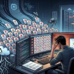 Una ilustración detallada de un desarrollador de Linux sentado en un escritorio multi-monitor, con la cabeza entre las manos en una pose de estrés y abrumación. Está asediado por una avalancha masiva e interminable de miles de informes de vulnerabilidades idénticos generados por herramientas de IA, representados como documentos digitales marcados con iconos de advertencia y un símbolo de "AI" estilizado, que forman montañas y pilas que amenazan con engullirlo. Pequeños robots automatizados generan activamente más de estos informes. En el fondo, el núcleo del sistema Linux, representado como una red global de servidores y una nube con el logo de Tux, está visible, con una puerta abierta que muestra la infraestructura bajo un ataque acelerado por exploits idénticos, también asistidos por IA. El desarrollador intenta aplicar parches manualmente en un monitor lateral. Los documentos en el escritorio muestran iconos que representan nuevas reglas de informes. La imagen captura la tensión entre la automatización ruidosa y la intervención humana crítica.