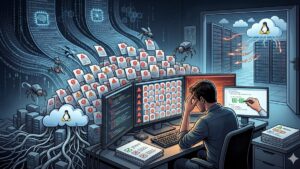 Una ilustración detallada de un desarrollador de Linux sentado en un escritorio multi-monitor, con la cabeza entre las manos en una pose de estrés y abrumación. Está asediado por una avalancha masiva e interminable de miles de informes de vulnerabilidades idénticos generados por herramientas de IA, representados como documentos digitales marcados con iconos de advertencia y un símbolo de "AI" estilizado, que forman montañas y pilas que amenazan con engullirlo. Pequeños robots automatizados generan activamente más de estos informes. En el fondo, el núcleo del sistema Linux, representado como una red global de servidores y una nube con el logo de Tux, está visible, con una puerta abierta que muestra la infraestructura bajo un ataque acelerado por exploits idénticos, también asistidos por IA. El desarrollador intenta aplicar parches manualmente en un monitor lateral. Los documentos en el escritorio muestran iconos que representan nuevas reglas de informes. La imagen captura la tensión entre la automatización ruidosa y la intervención humana crítica.