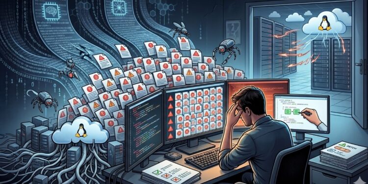 Una ilustración detallada de un desarrollador de Linux sentado en un escritorio multi-monitor, con la cabeza entre las manos en una pose de estrés y abrumación. Está asediado por una avalancha masiva e interminable de miles de informes de vulnerabilidades idénticos generados por herramientas de IA, representados como documentos digitales marcados con iconos de advertencia y un símbolo de "AI" estilizado, que forman montañas y pilas que amenazan con engullirlo. Pequeños robots automatizados generan activamente más de estos informes. En el fondo, el núcleo del sistema Linux, representado como una red global de servidores y una nube con el logo de Tux, está visible, con una puerta abierta que muestra la infraestructura bajo un ataque acelerado por exploits idénticos, también asistidos por IA. El desarrollador intenta aplicar parches manualmente en un monitor lateral. Los documentos en el escritorio muestran iconos que representan nuevas reglas de informes. La imagen captura la tensión entre la automatización ruidosa y la intervención humana crítica.