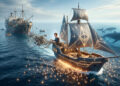 Ilustración metafórica de Vitalik Buterin navegando un barco ágil y tecnológico que representa a la Fundación Ethereum, separándose de un buque pesado mientras ballenas de criptomonedas nadan alrededor.