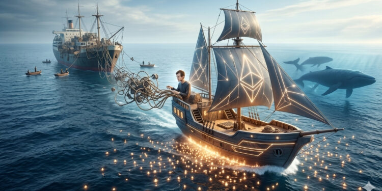Ilustración metafórica de Vitalik Buterin navegando un barco ágil y tecnológico que representa a la Fundación Ethereum, separándose de un buque pesado mientras ballenas de criptomonedas nadan alrededor.
