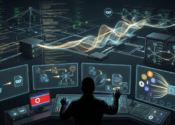 Una compleja ilustración digital conceptual que representa la operación de ciberespionaje y robo de criptomonedas a gran escala del Grupo Lazarus. El hacker, silueteado y con manos brillantes, interactúa con múltiples pantallas holográficas que detallan el proceso, desde la ingeniería social hasta la exfiltración de activos como Bitcoin y Ethereum. Una pantalla central muestra un mapa con la bandera de Corea del Norte en su centro, identificando el origen del ataque. El fondo muestra una red de servidores y una onda de datos en flujo.