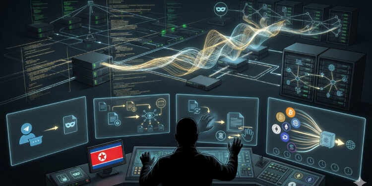 Una compleja ilustración digital conceptual que representa la operación de ciberespionaje y robo de criptomonedas a gran escala del Grupo Lazarus. El hacker, silueteado y con manos brillantes, interactúa con múltiples pantallas holográficas que detallan el proceso, desde la ingeniería social hasta la exfiltración de activos como Bitcoin y Ethereum. Una pantalla central muestra un mapa con la bandera de Corea del Norte en su centro, identificando el origen del ataque. El fondo muestra una red de servidores y una onda de datos en flujo.