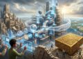 Ilustración conceptual que contrasta el obsoleto sistema financiero tradicional con una nueva infraestructura tecnológica en construcción, basada en blockchain, IA y la tokenización de activos del mundo real (RWA), reflejando el debate sobre el futuro del dinero sólido.