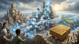 Ilustración conceptual que contrasta el obsoleto sistema financiero tradicional con una nueva infraestructura tecnológica en construcción, basada en blockchain, IA y la tokenización de activos del mundo real (RWA), reflejando el debate sobre el futuro del dinero sólido.