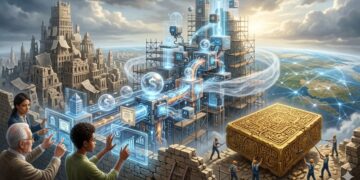Ilustración conceptual que contrasta el obsoleto sistema financiero tradicional con una nueva infraestructura tecnológica en construcción, basada en blockchain, IA y la tokenización de activos del mundo real (RWA), reflejando el debate sobre el futuro del dinero sólido.