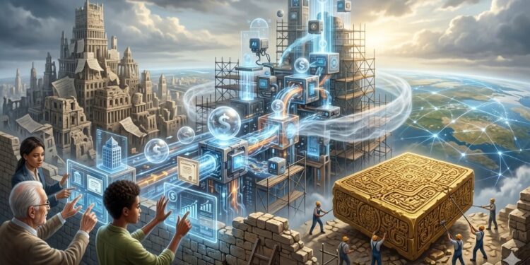 Ilustración conceptual que contrasta el obsoleto sistema financiero tradicional con una nueva infraestructura tecnológica en construcción, basada en blockchain, IA y la tokenización de activos del mundo real (RWA), reflejando el debate sobre el futuro del dinero sólido.
